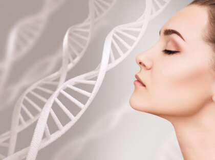 Portrait of sensual woman among DNA chains Portrait of sensual woman among DNA chains